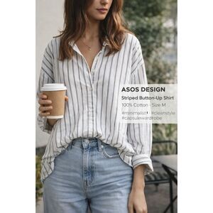 ASOS Design Striped Button Up Shirt Womens Medium White Black Cotton Oversized